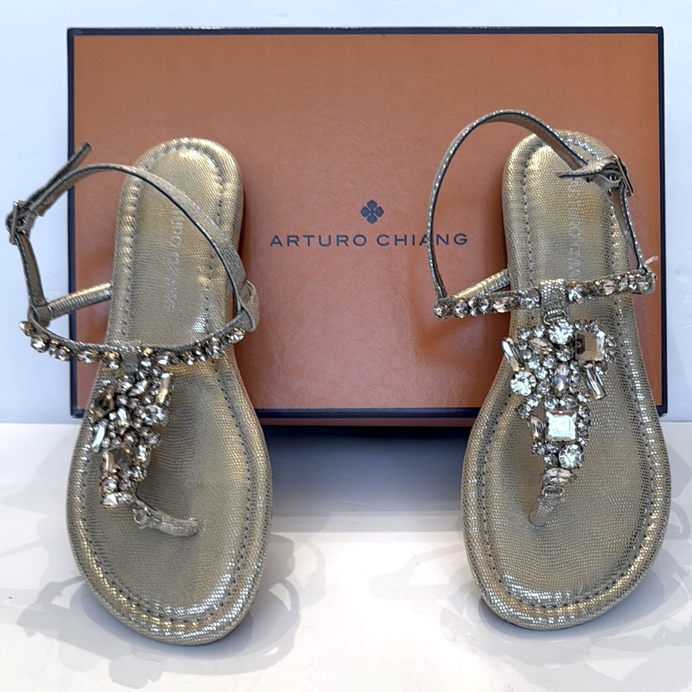 ARTURO CHIANG Daniellee Women's Gold Rhinestones Ankle Strap Thong Sandal 6M NEW